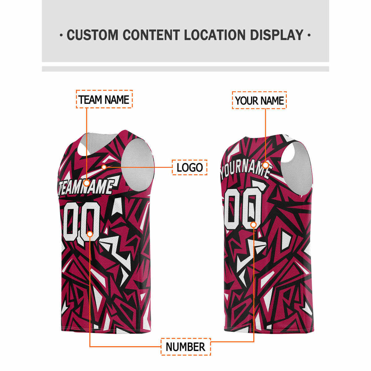 Custom Burgundy, Black & White Geo Pattern Basketball Jersey - Personalized Team Name, Number & LOGO | Vosoli