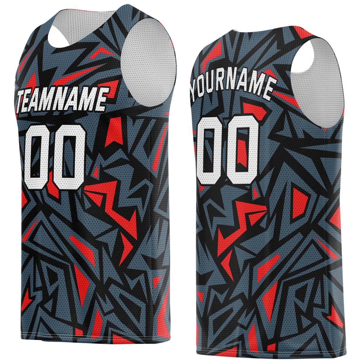 Custom Charcoal &amp; Red Geo Pattern Basketball Jersey - Personalized Team Name, Number &amp; LOGO | Vosoli