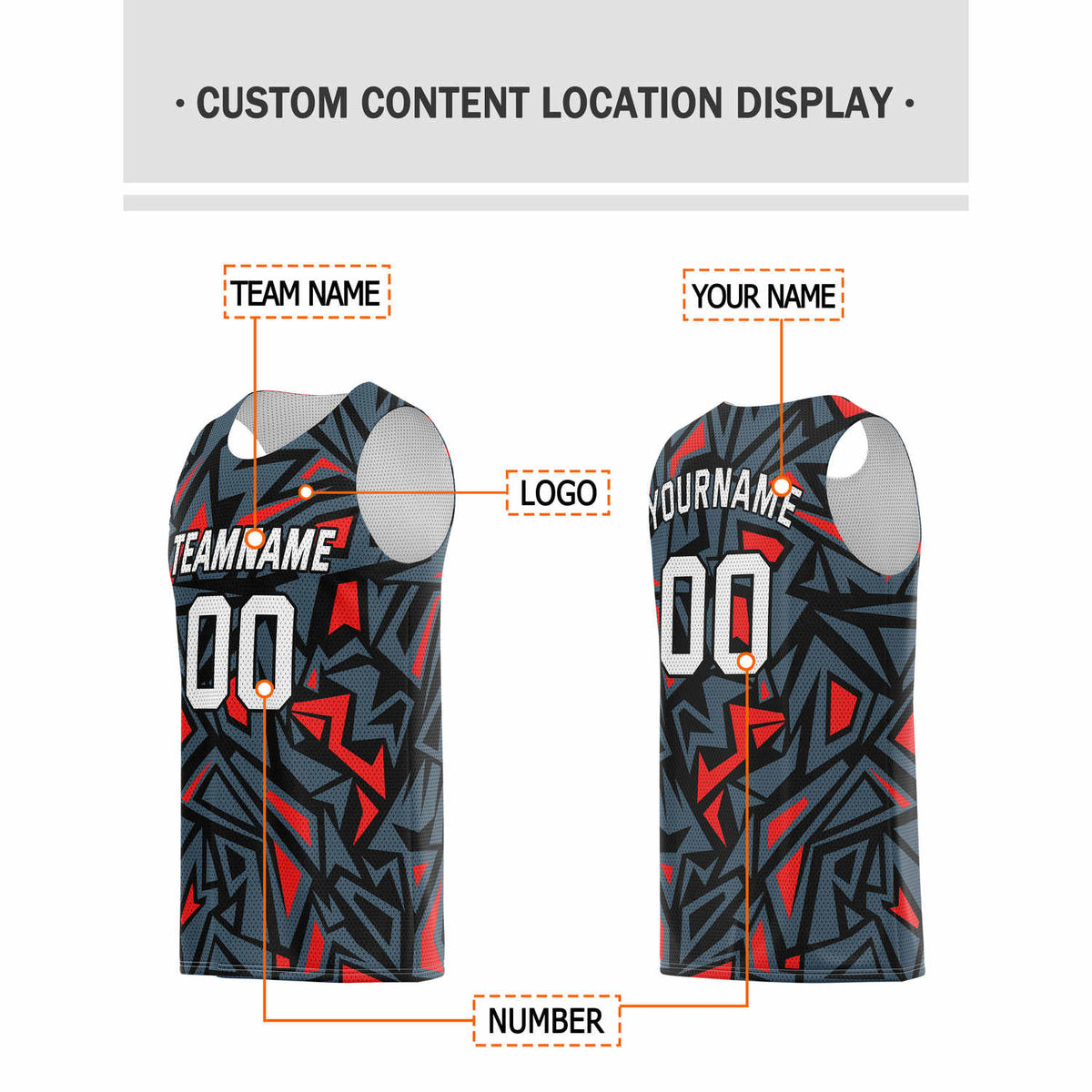 Custom Charcoal & Red Geo Pattern Basketball Jersey - Personalized Team Name, Number & LOGO | Vosoli