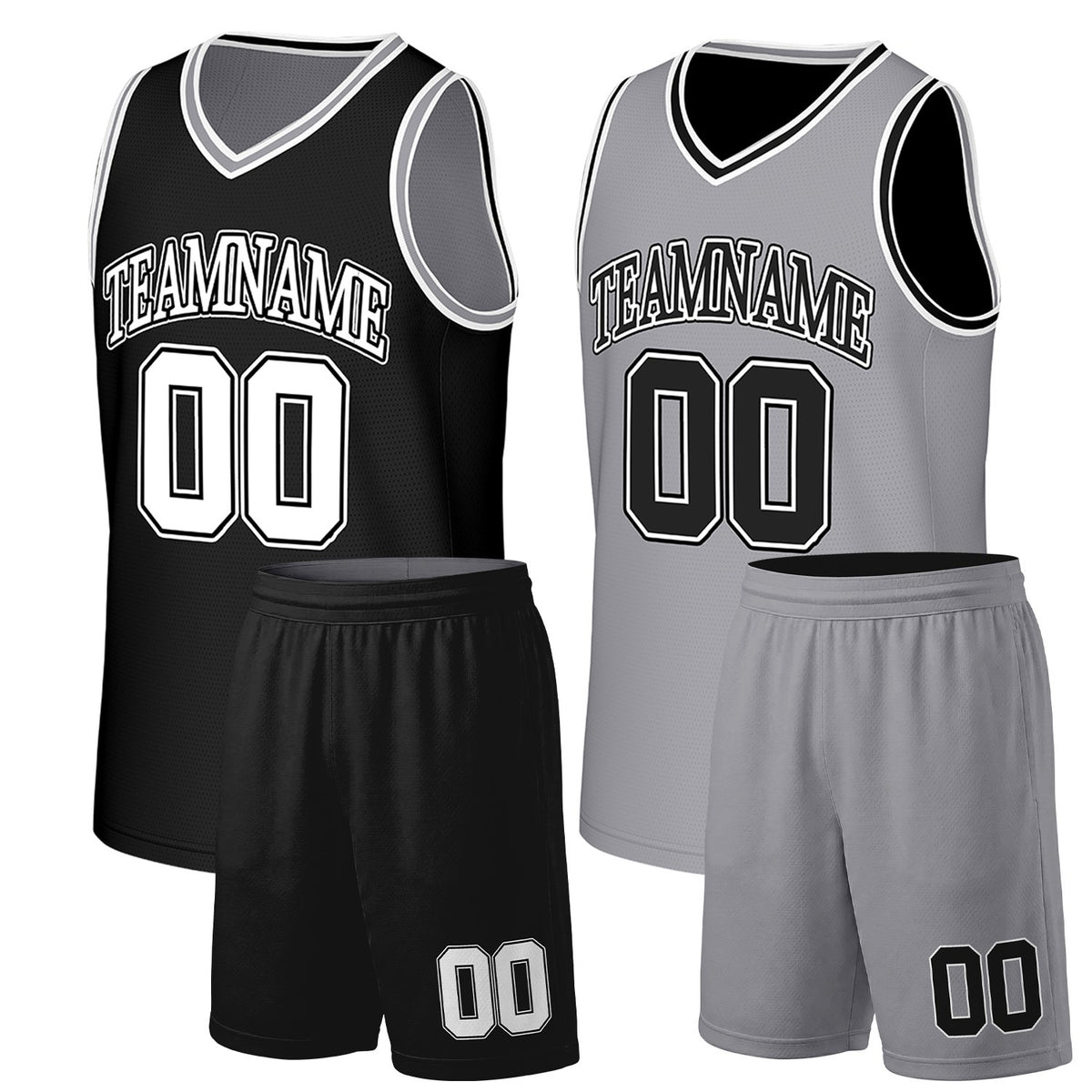 Church basketball team uniforms black‑gray reversible by Vosoli, personalized team name, number &amp; logo, durable dual‑sided mesh fabric for custom game‑ready team sportswear