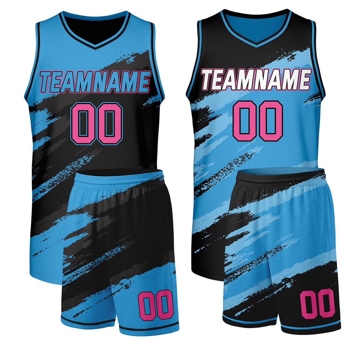 Church basketball team uniforms skyblue and black reversible by Vosoli, personalized team name, number & logo, breathable dual-sided mesh for church league team games