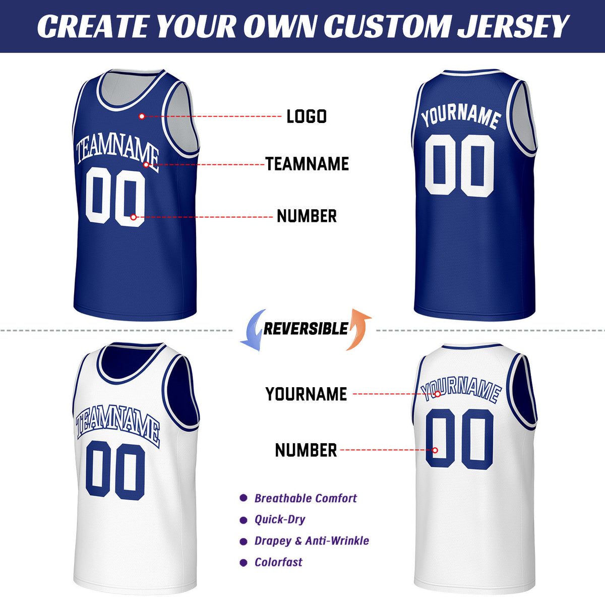 Custom Navy & White Reversible Basketball Jersey | Personalized Sleeveless Mesh Jersey for Men Women Youth