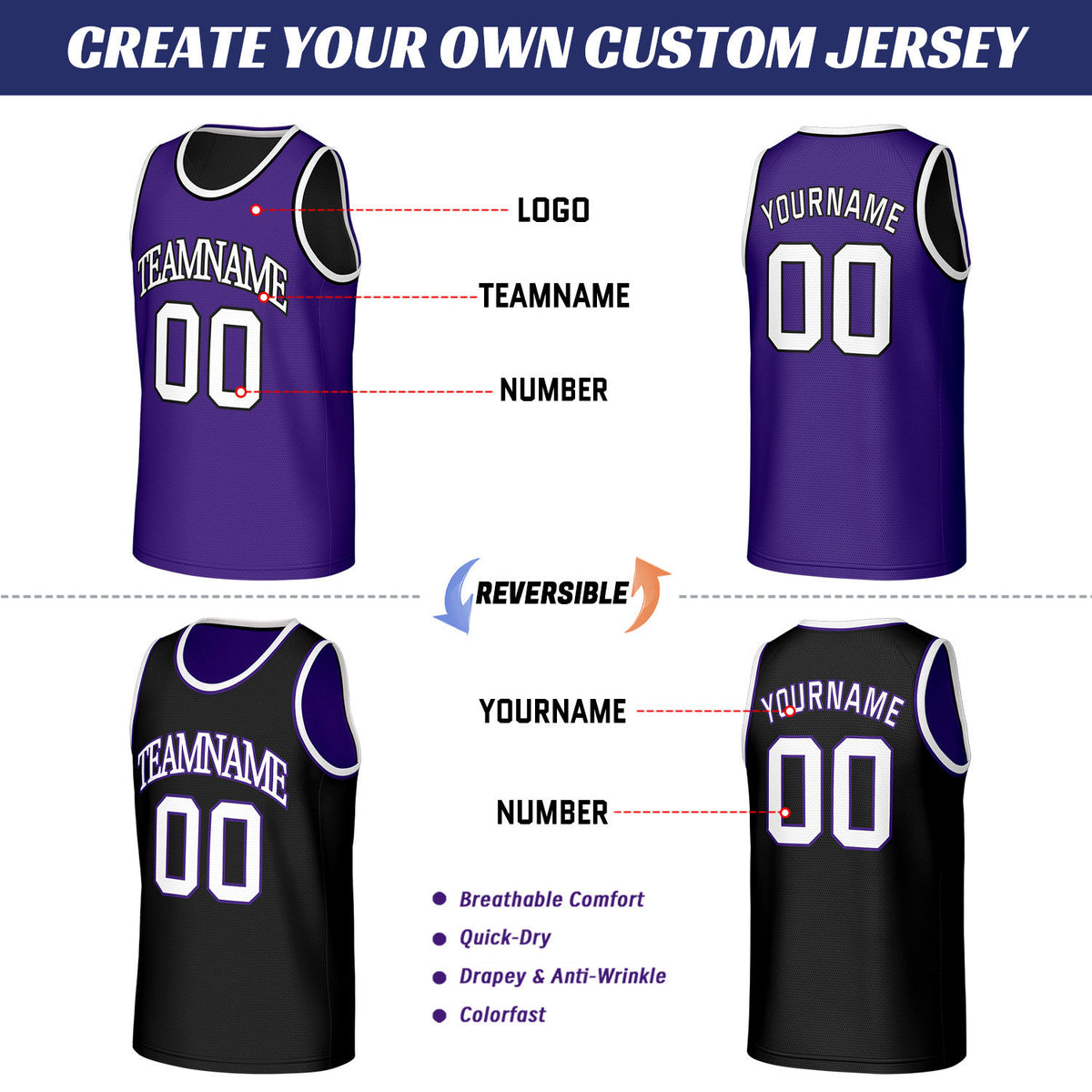 Custom Purple & Black Reversible Basketball Jersey | Personalized Sleeveless Mesh Jersey for Men Women Youth