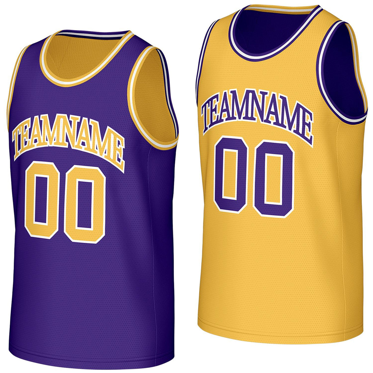 classic basketball team jerseys purple gold reversible by Vosoli, personalized team name, number & logo, breathable mesh dual sided basketball jersey for team games