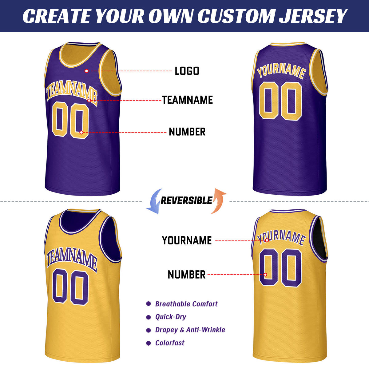 Custom Purple & Gold Reversible Basketball Jersey | Personalized Sleeveless Mesh Jersey for Men Women Youth