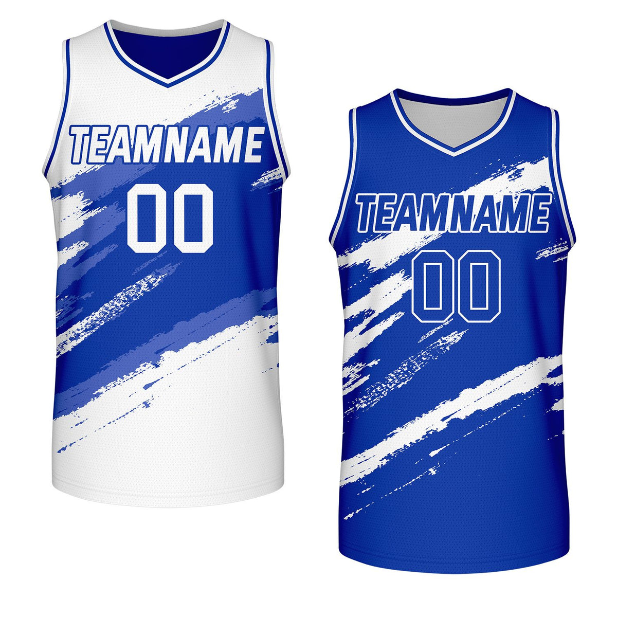 Community league basketball jerseys blue and white reversible by Vosoli, personalized team name, number & logo, breathable mesh dual sided basketball jersey for local community league team games