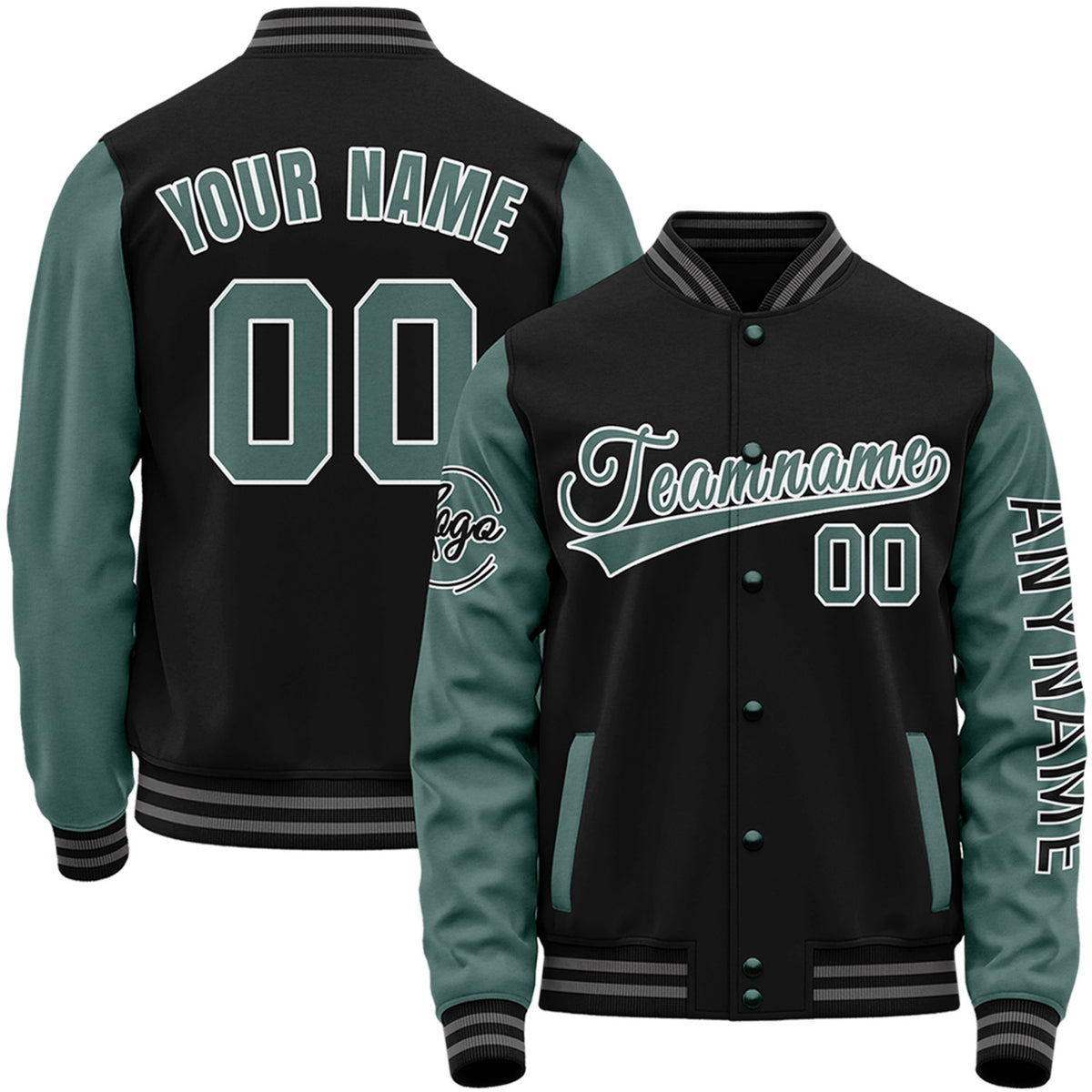 Custom black and sage create your own baseball jacket by Vosoli with stitched name, number and logo. Classic varsity jacket for baseball and casual wear.