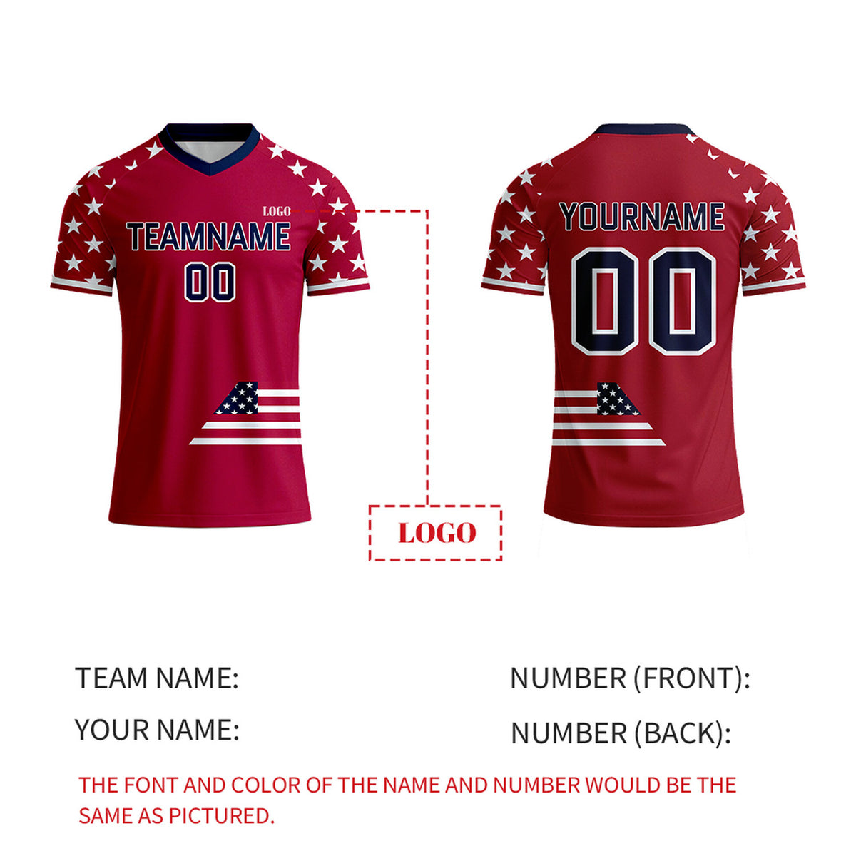Custom Red Star Pattern Soccer Jersey | Personalized Short Sleeve V-Neck Jersey for Youth & Adult