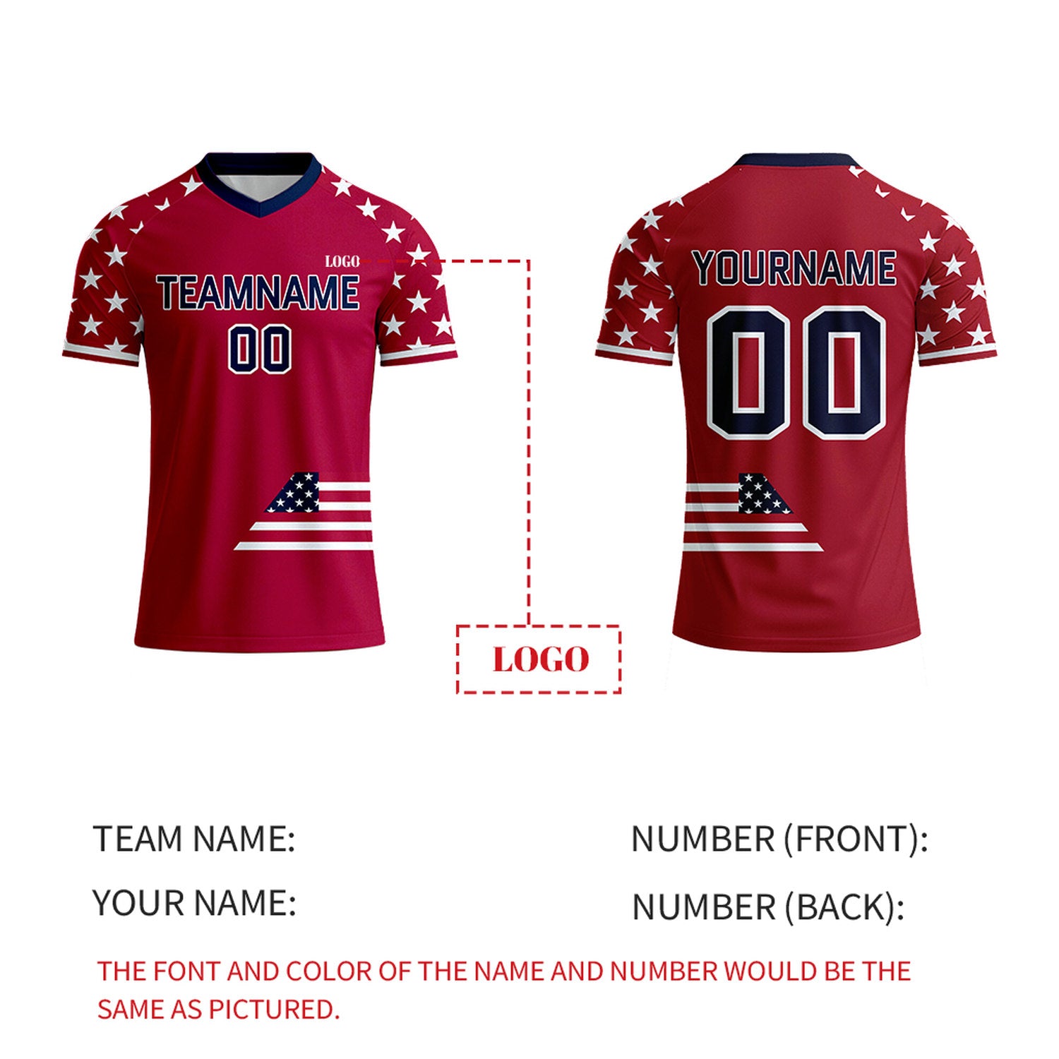 Custom Red Star Pattern Soccer Jersey | Personalized Short Sleeve V-Neck Jersey for Youth & Adult