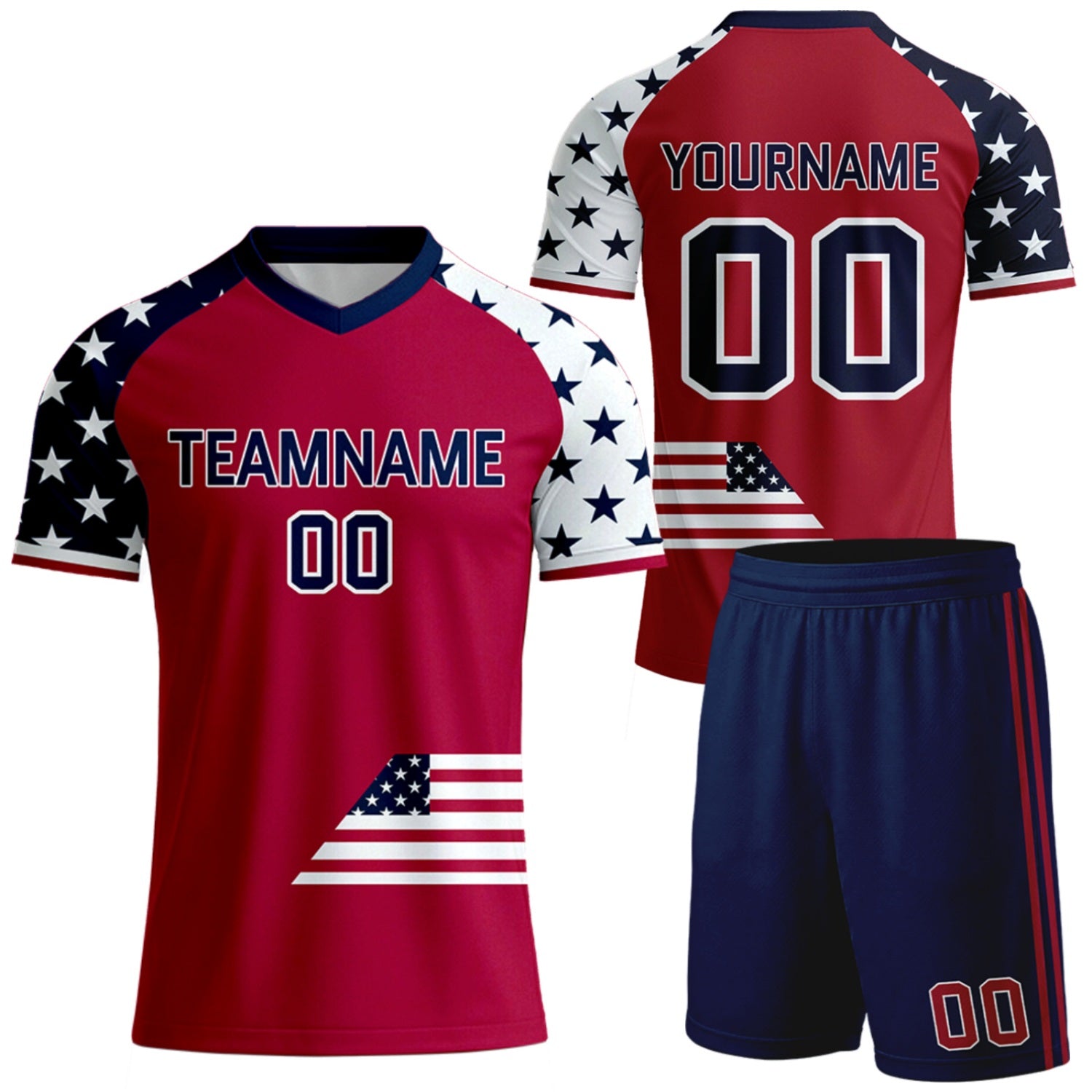 create your own soccer uniform by Vosoli, red star sleeve flag design, personalized team name, player name & number, breathable short sleeve V-neck soccer jersey with shorts for team soccer games