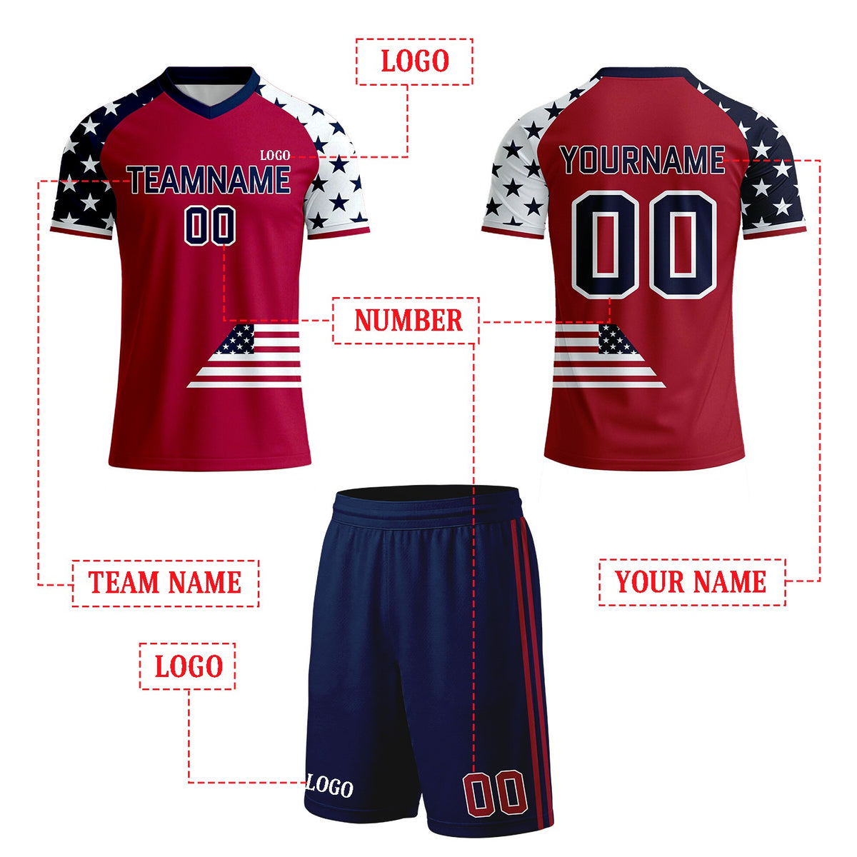 Custom Red & Star Sleeve Flag Soccer Uniform Set for Youth & Adult Teams