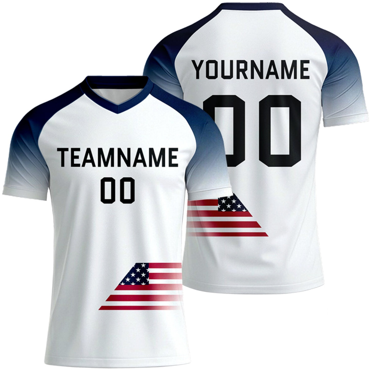 create your own white navy gradient soccer jersey by Vosoli, personalized team name, player name &amp; number, breathable short sleeve V-neck soccer uniform for team matches
