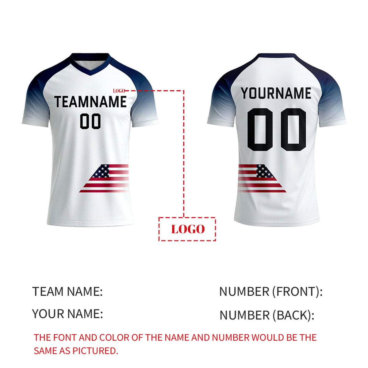 Custom White & Navy Gradient Soccer Jersey | Personalized Short Sleeve V-Neck Jersey for Youth & Adult