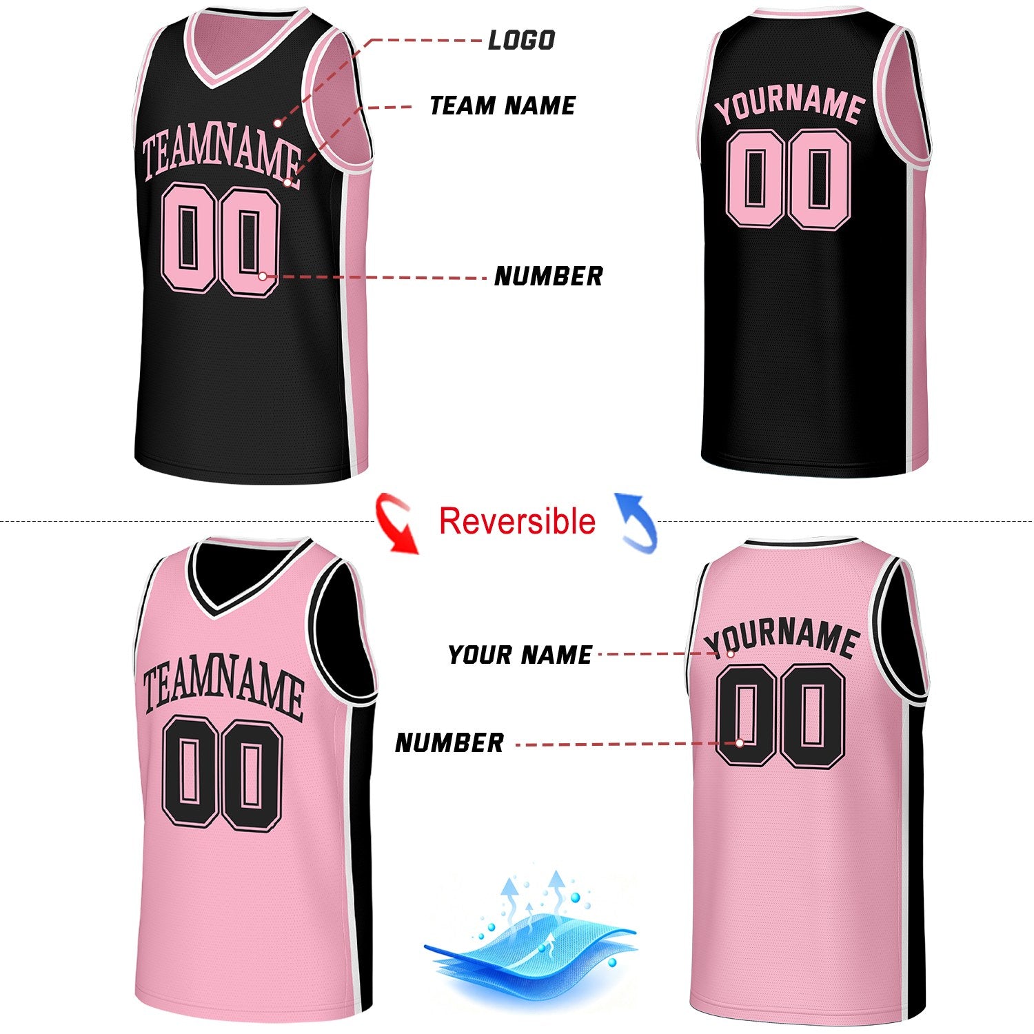 Custom Black & Pink Reversible Basketball Jersey | Personalized Team Jerseys with Name Number Logo