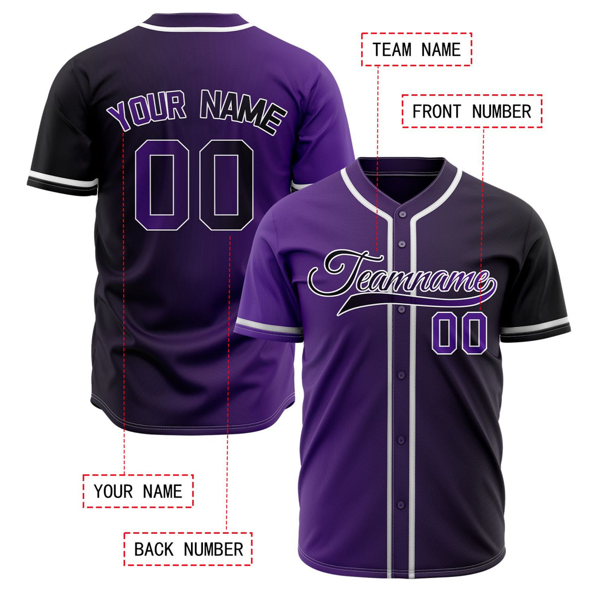 Custom Purple Color Block Baseball Jersey | Personalized Fade Design Teamwear