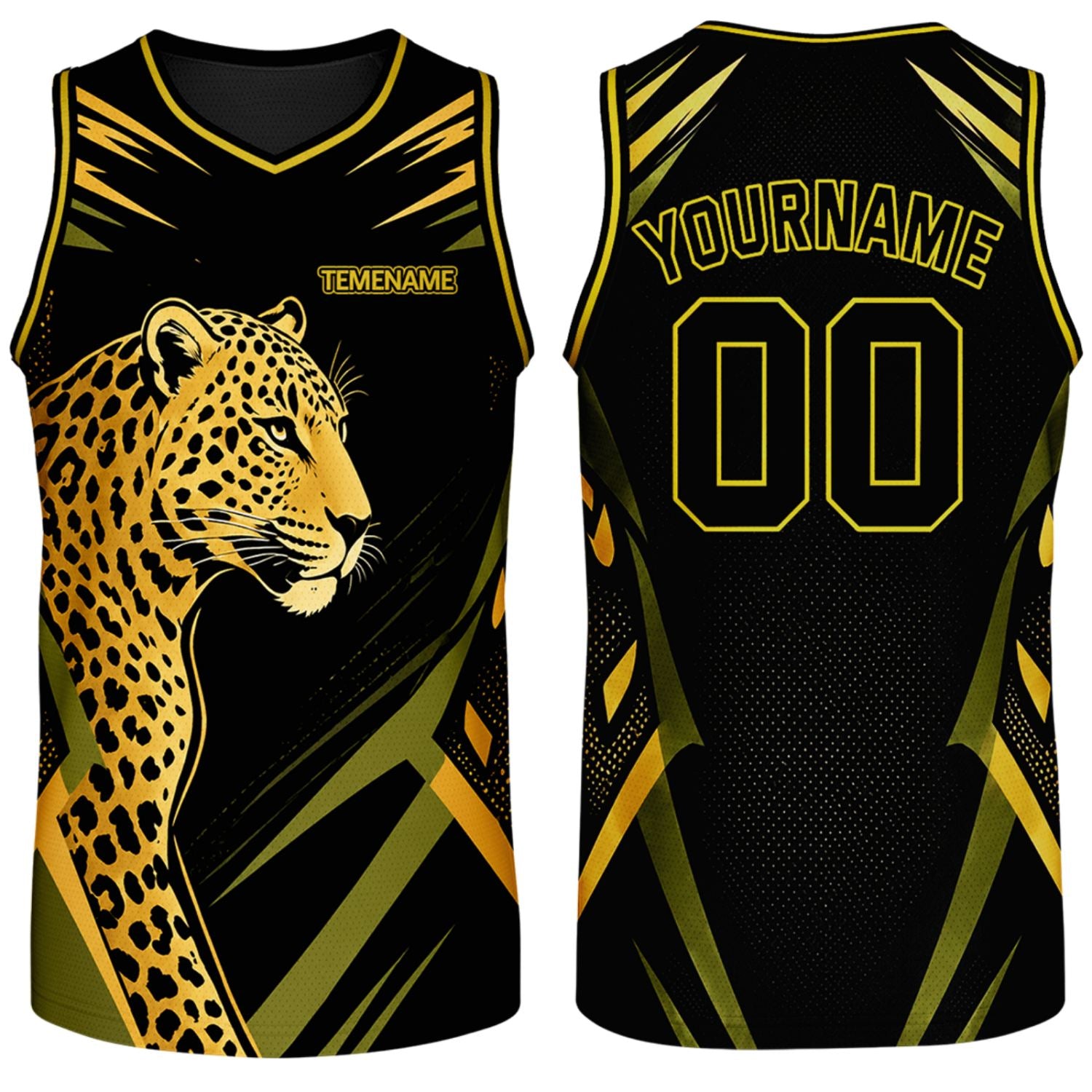 custom adult basketball jerseys black gold leopard graphic by Vosoli, personalized team name, number & logo, breathable mesh basketball jersey for adult team games