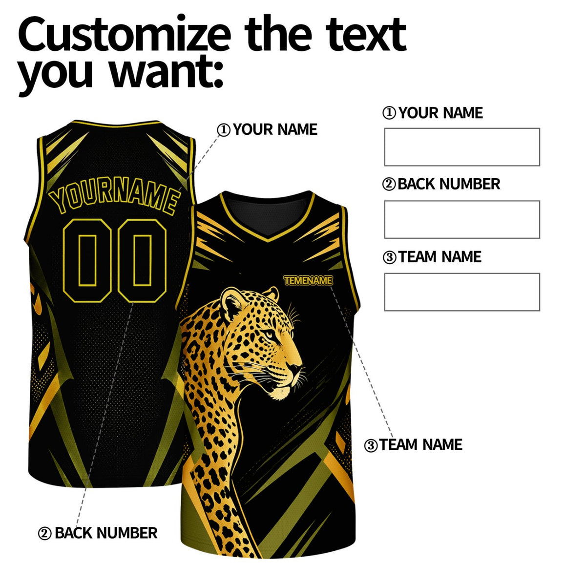 Custom V Neck Basketball Jersey Black & Gold Leopard Graphic Mesh Team Uniform for Adult Youth