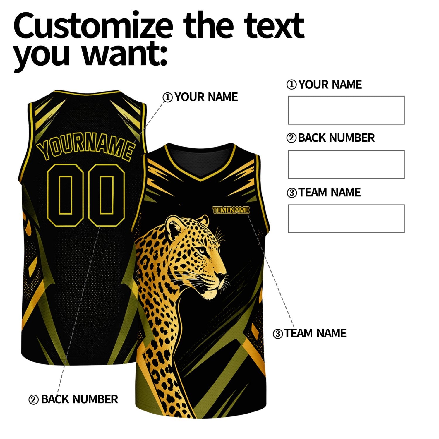 Custom V Neck Basketball Jersey Black & Gold Leopard Graphic Mesh Team Uniform for Adult Youth