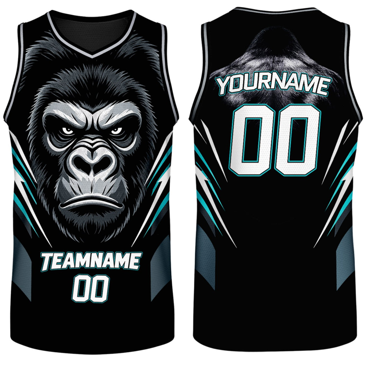 custom adult basketball jerseys black teal gorilla graphic by Vosoli, personalized team name, number &amp; logo, breathable mesh basketball jersey for adult team games