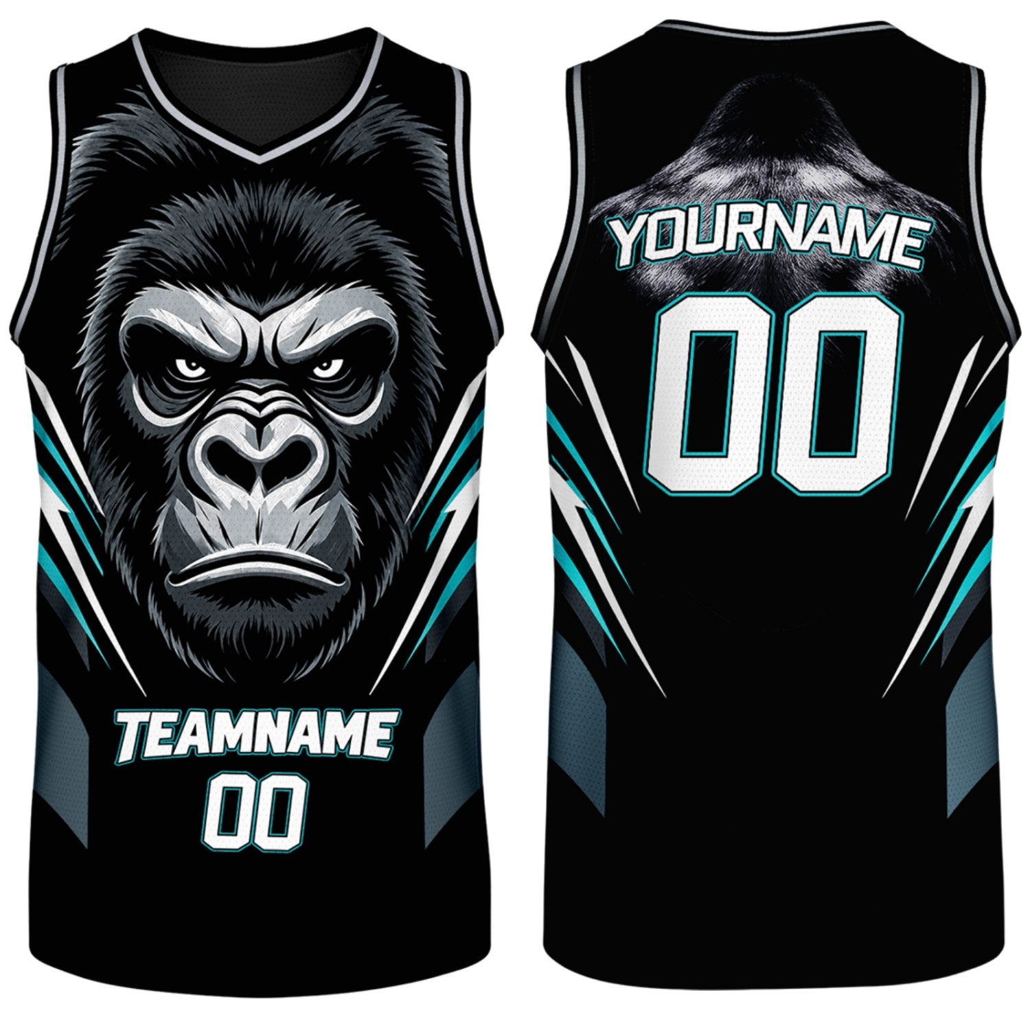 custom adult basketball jerseys black teal gorilla graphic by Vosoli, personalized team name, number & logo, breathable mesh basketball jersey for adult team games