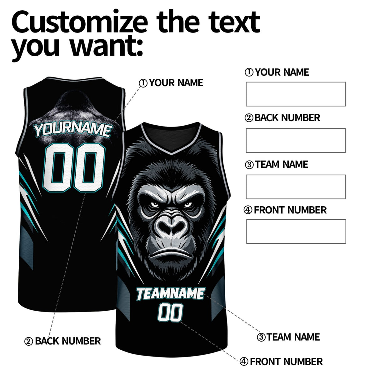 Custom V Neck Basketball Jersey Black & Teal Gorilla Graphic Mesh Team Uniform for Adult Youth