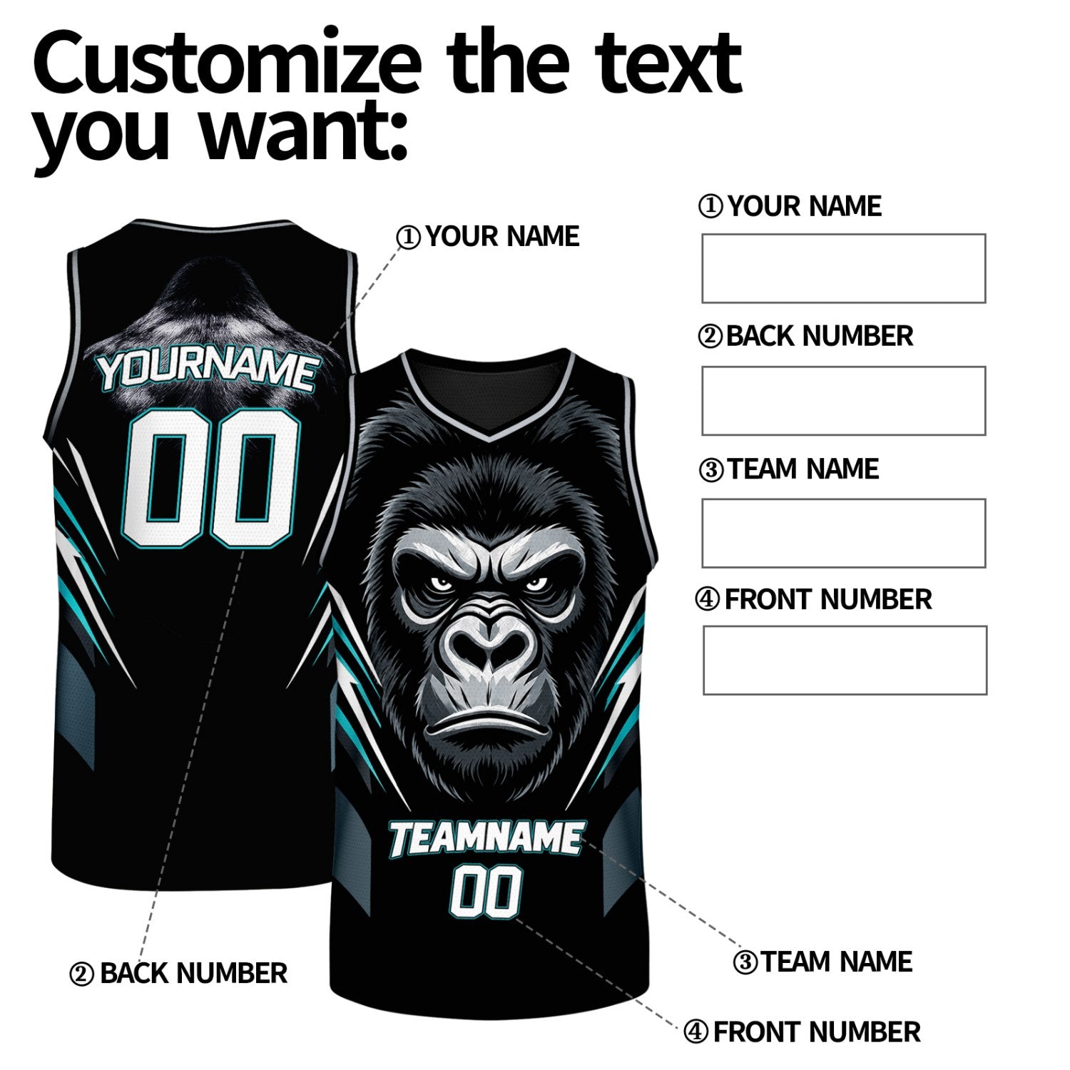 Custom V Neck Basketball Jersey Black & Teal Gorilla Graphic Mesh Team Uniform for Adult Youth
