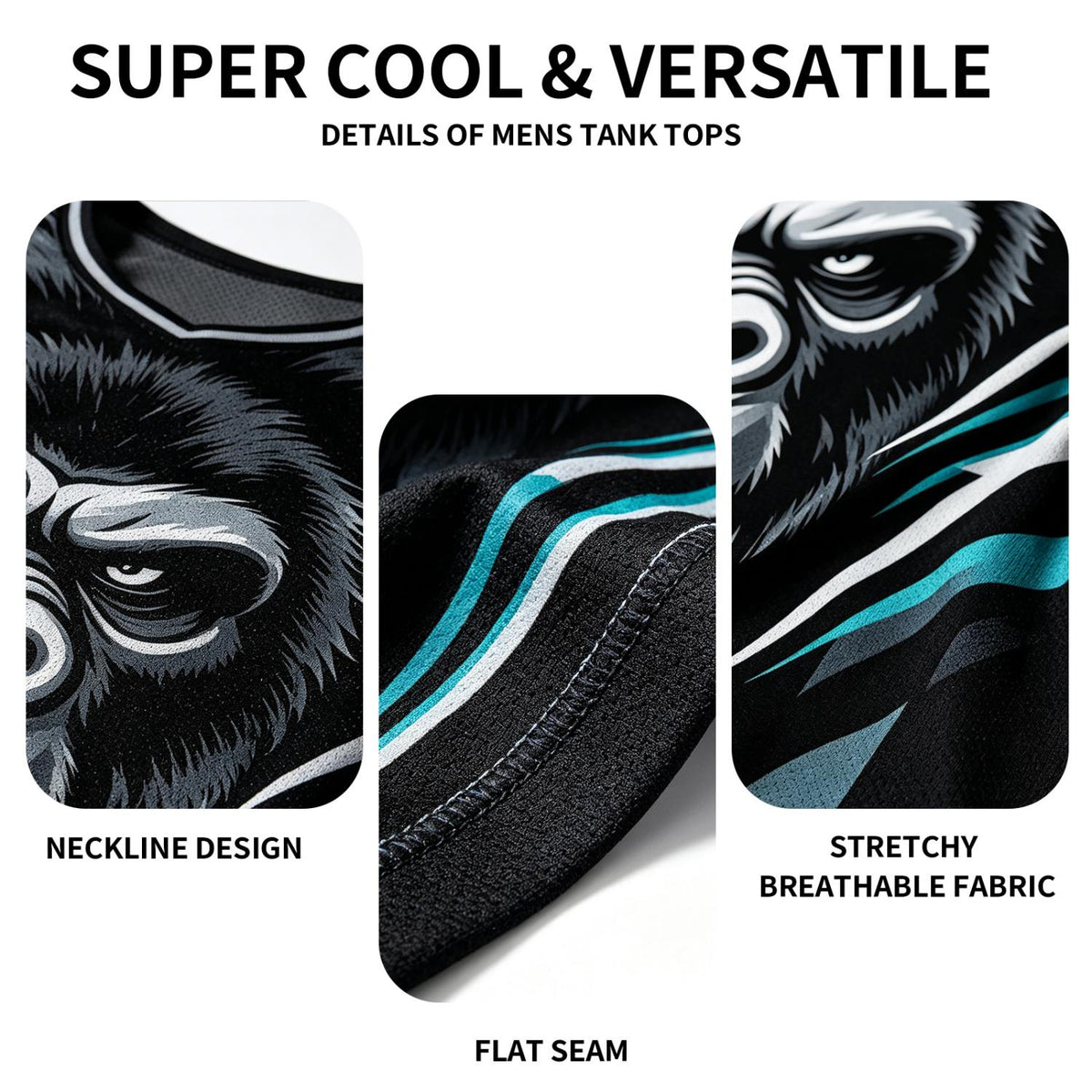 Custom V Neck Basketball Jersey Black & Teal Gorilla Graphic Mesh Team Uniform for Adult Youth