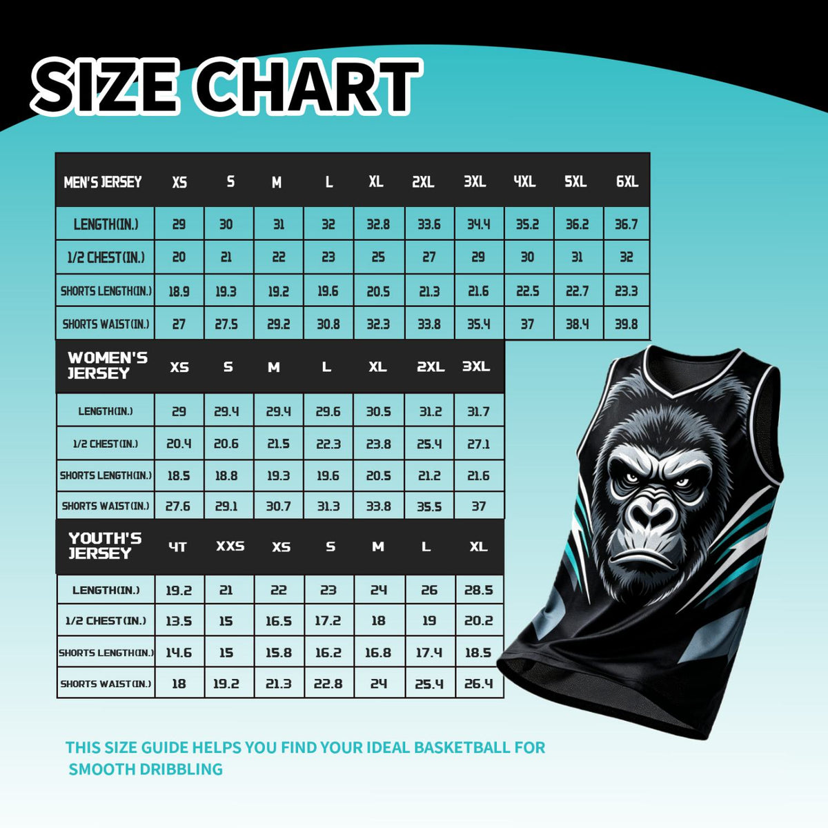 Custom V Neck Basketball Jersey Black & Teal Gorilla Graphic Mesh Team Uniform for Adult Youth