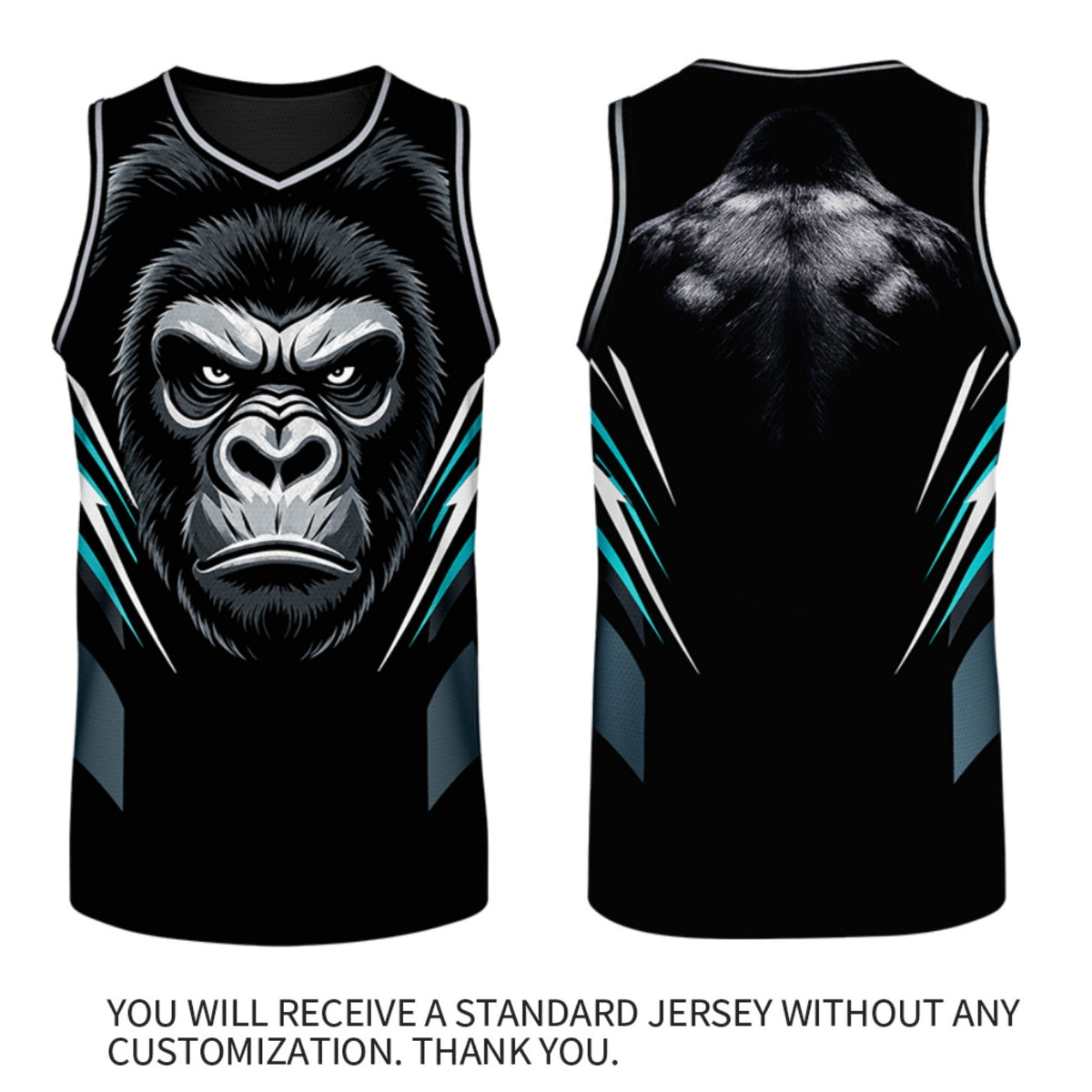 Custom V Neck Basketball Jersey Black & Teal Gorilla Graphic Mesh Team Uniform for Adult Youth