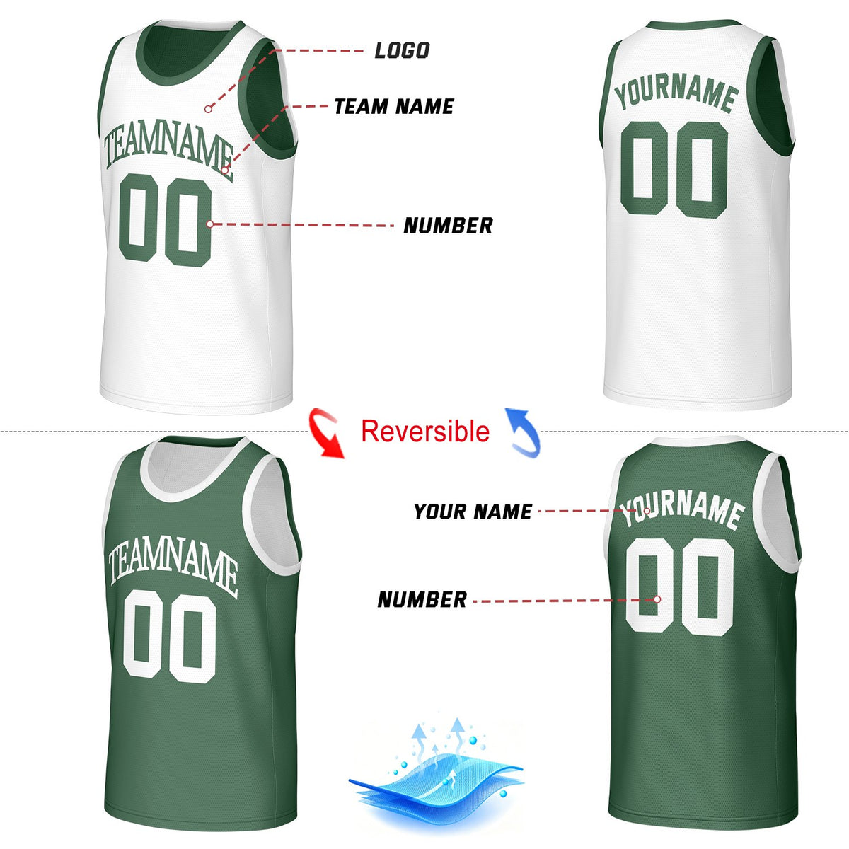 Custom Reversible Basketball Jersey Green & White Mesh Team Uniform for Adult Youth