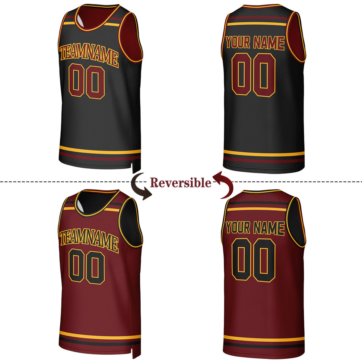 Custom Maroon & Black Striped Reversible Basketball Jersey | Personalized Team Jerseys with Name, Number & Logo