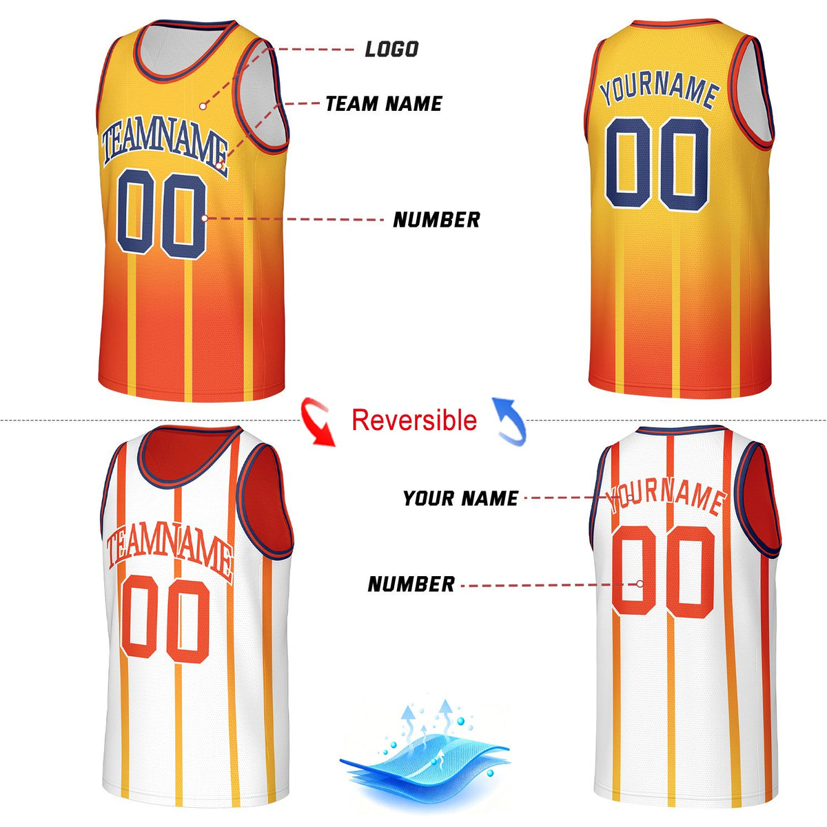 Custom Gradient Vertical Stripe Reversible Basketball Jersey Orange & Yellow Mesh Team Uniform for Adult Youth