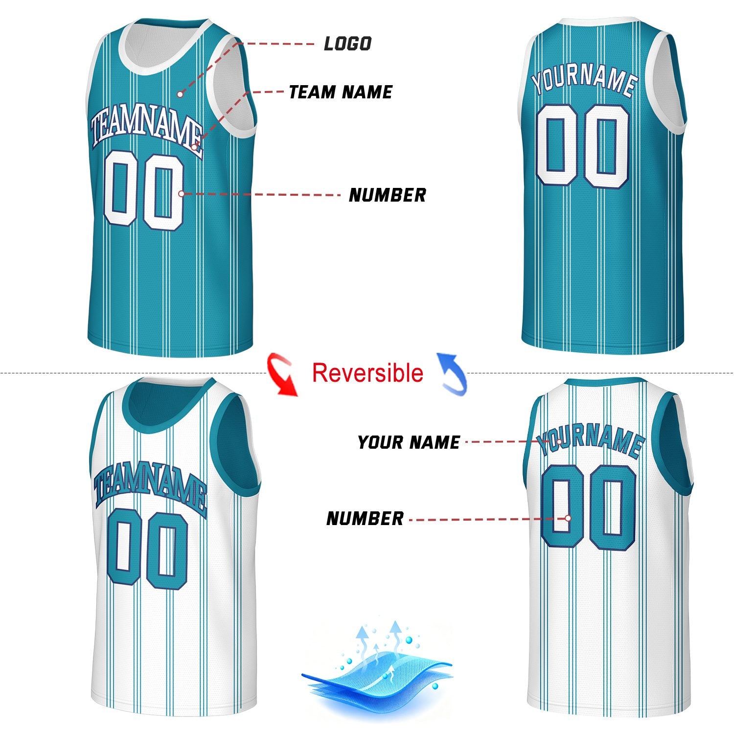 Custom Vertical Stripe Reversible Basketball Jersey Teal & White Mesh Team Uniform for Adult Youth