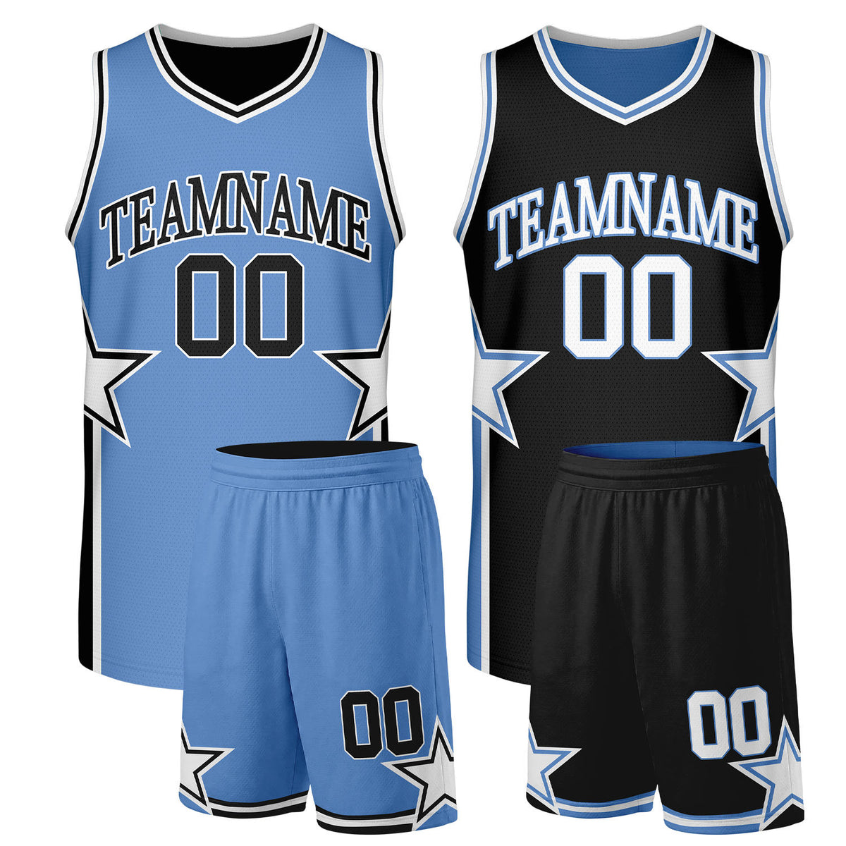 Custom adult basketball uniforms carolina blue black reversible by Vosoli. Personalized team name, player number &amp; logo. Breathable mesh. Fast delivery.