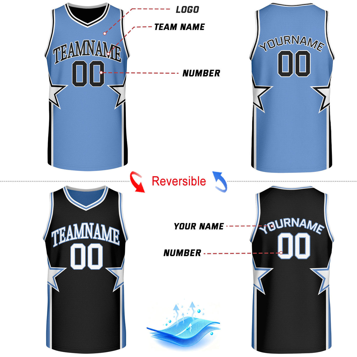 Custom Carolina Blue & Black Star Reversible Basketball Uniform Set | Breathable Mesh Jersey & Shorts