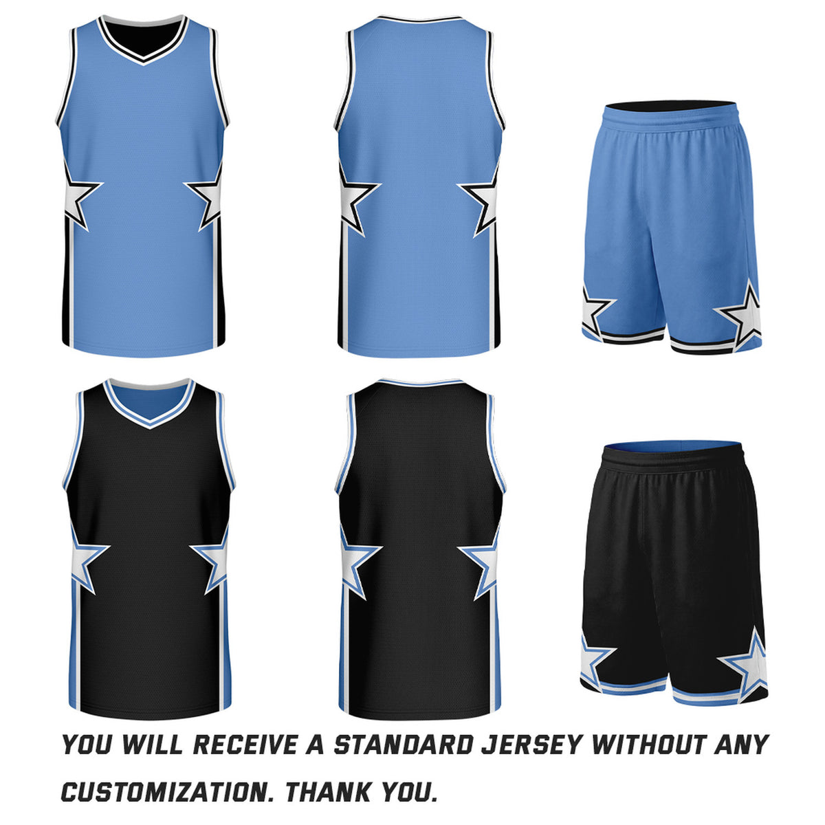 Custom Carolina Blue & Black Star Reversible Basketball Uniform Set | Breathable Mesh Jersey & Shorts