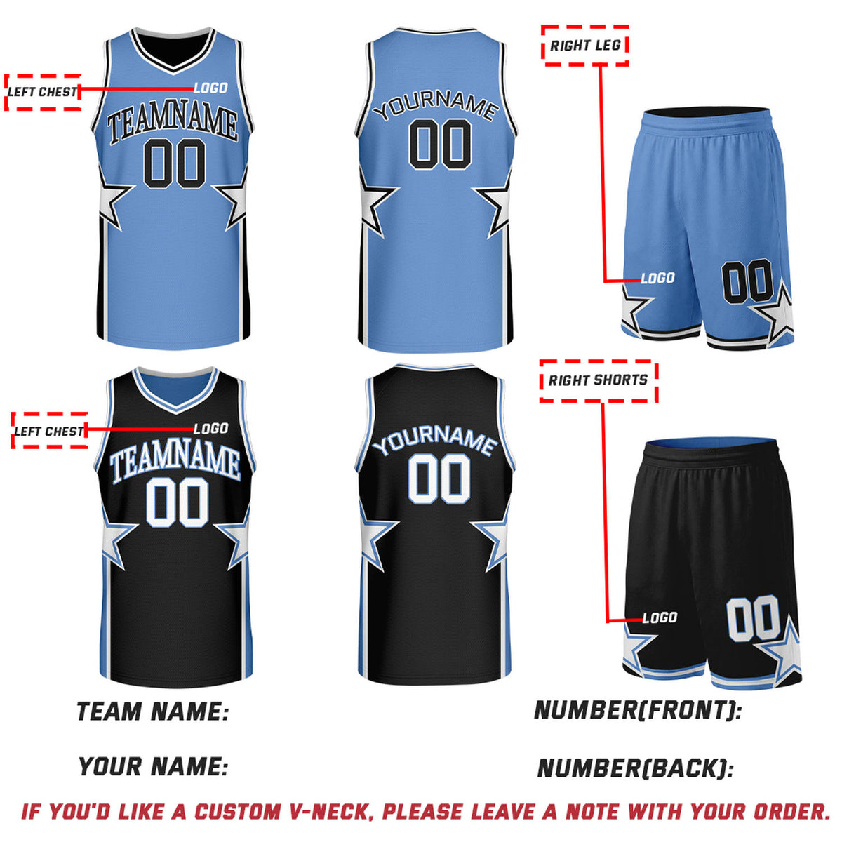 Custom Carolina Blue & Black Star Reversible Basketball Uniform Set | Breathable Mesh Jersey & Shorts