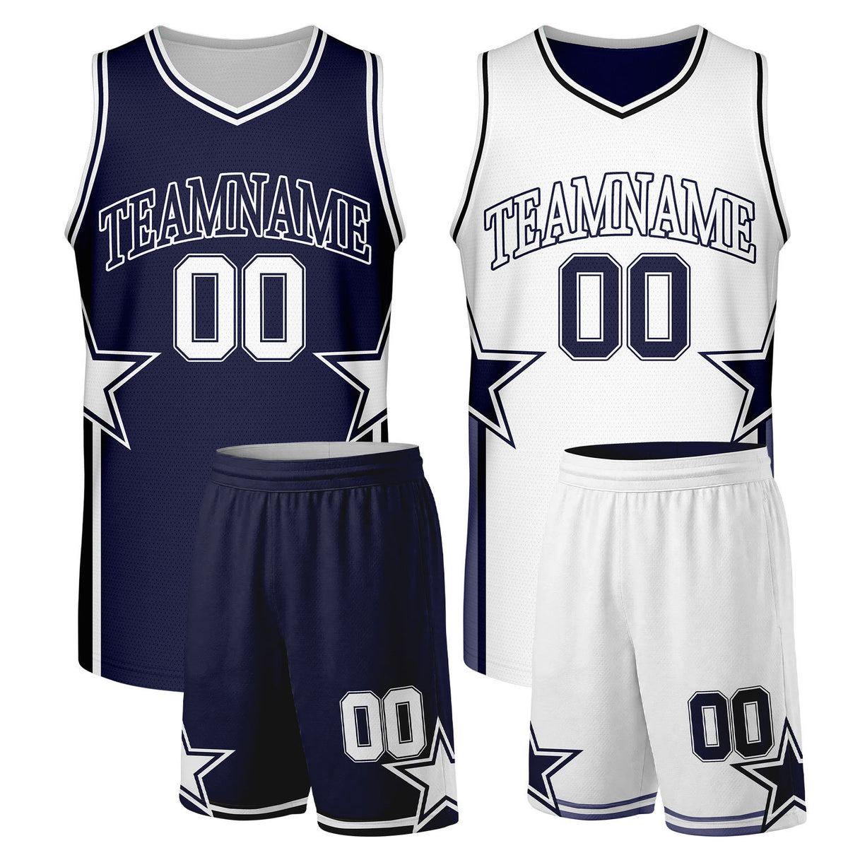 Custom adult basketball uniforms navy white reversible by Vosoli. Personalized team name, player number &amp; logo. Breathable mesh. Fast delivery.