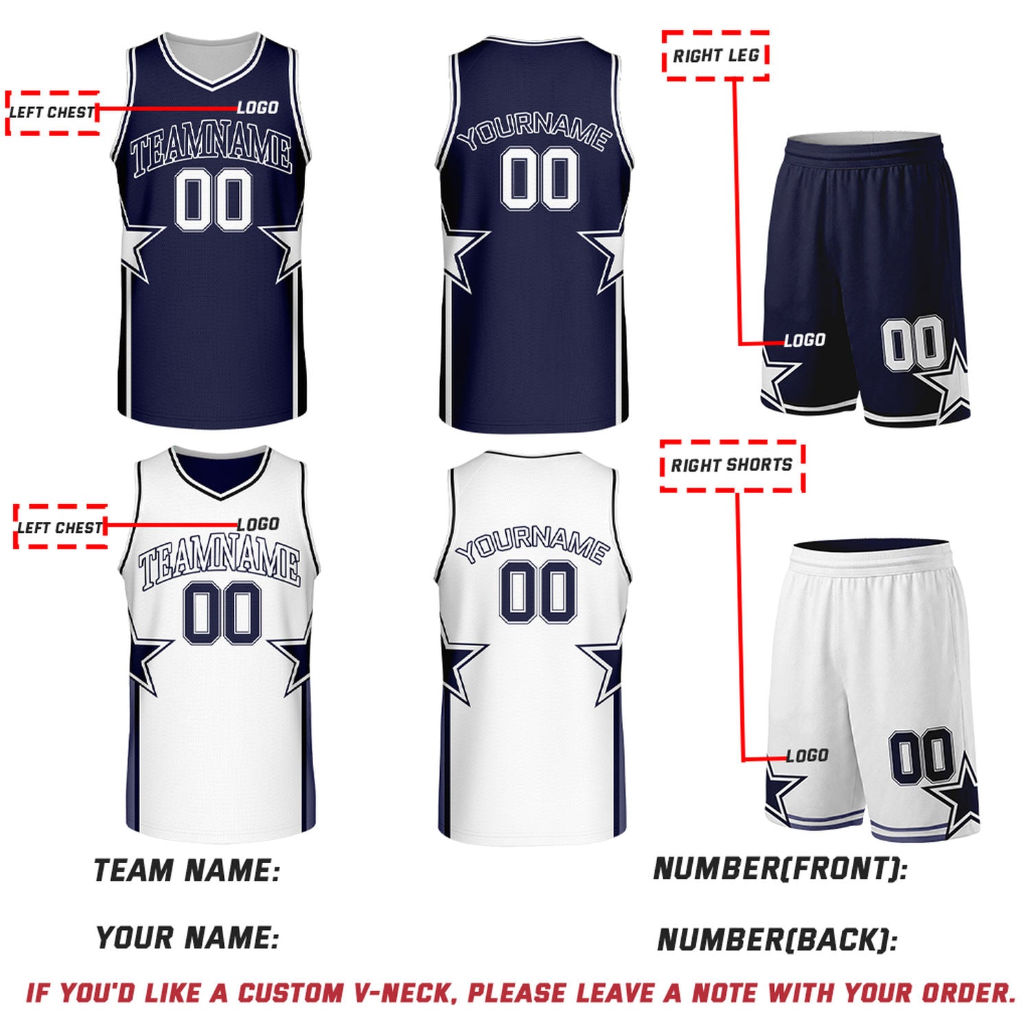 Custom Navy & White Star Reversible Basketball Uniform Set | Breathable Mesh Jersey & Shorts