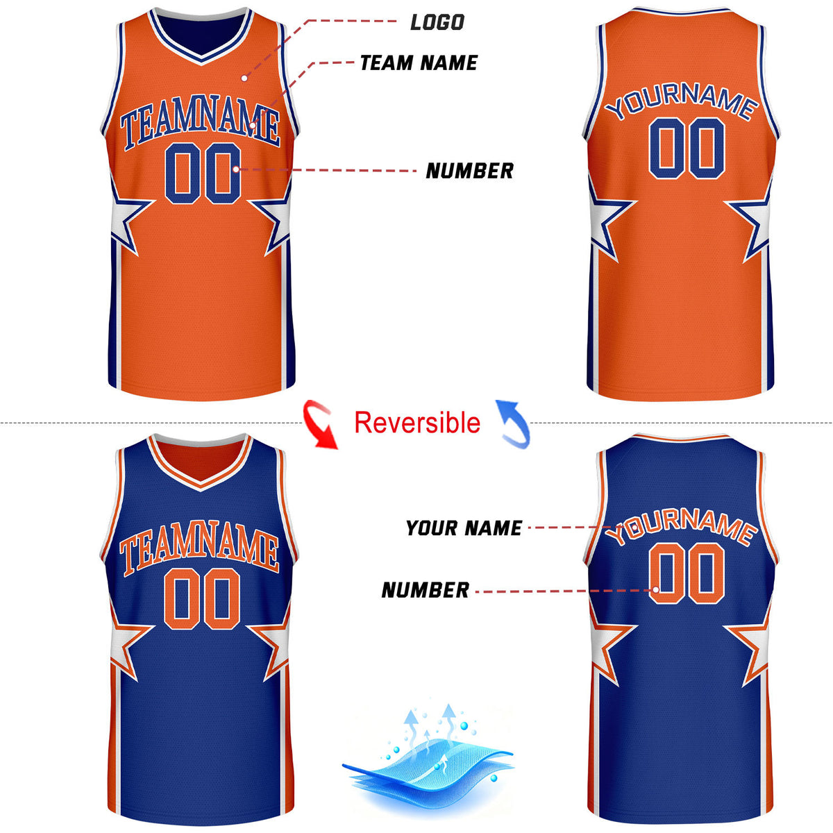 Custom Orange & Royal Blue Star Reversible Basketball Uniform Set | Breathable Mesh Jersey & Shorts