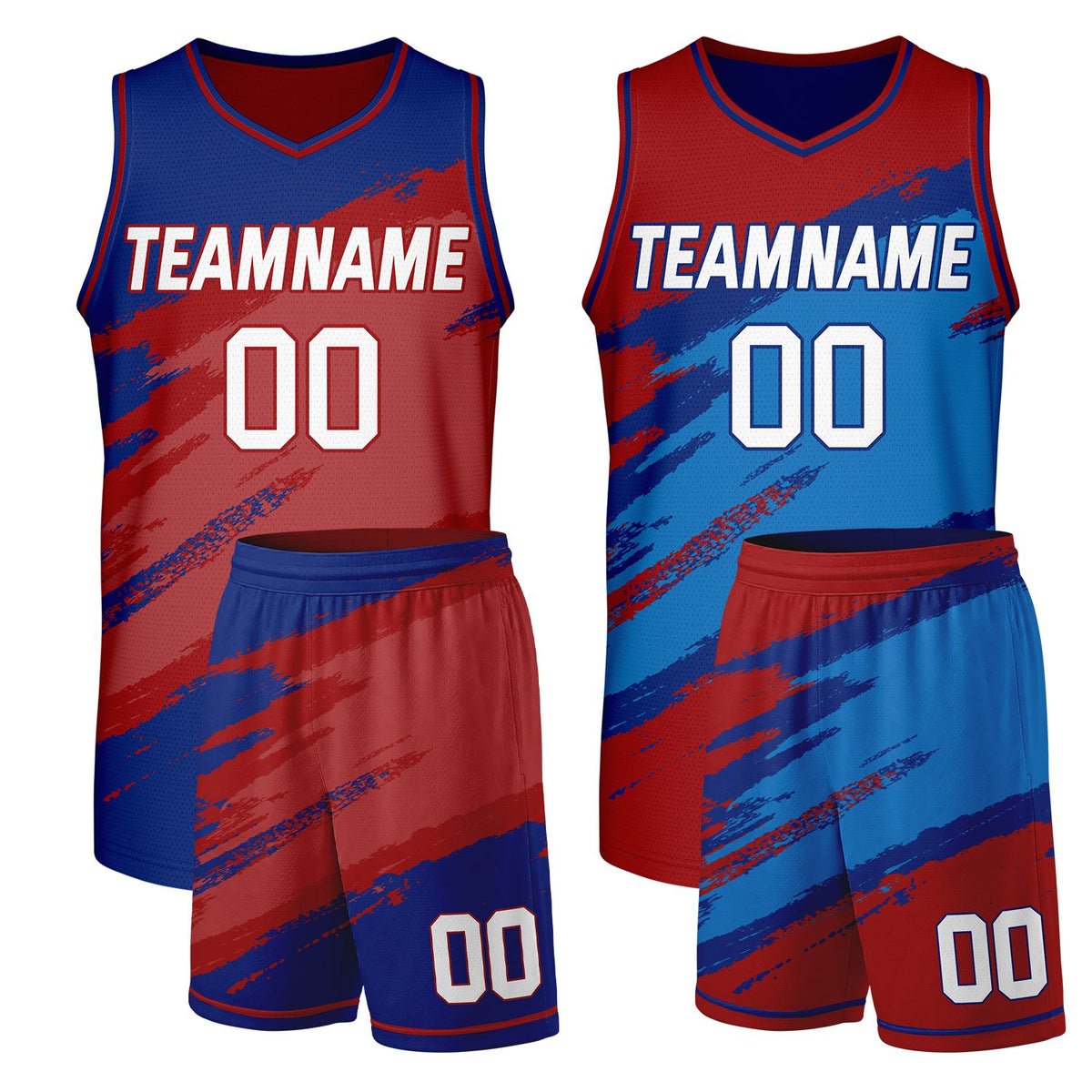Custom adult basketball uniforms blue‑red reversible by Vosoli, personalized team name, number & logo, durable dual‑sided mesh fabric for custom game‑ready team sportswear