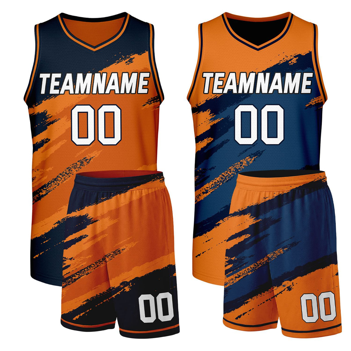 Custom adult basketball uniforms orange‑navy reversible by Vosoli, personalized team name, number & logo, durable dual‑sided mesh fabric for custom game‑ready team sportswear