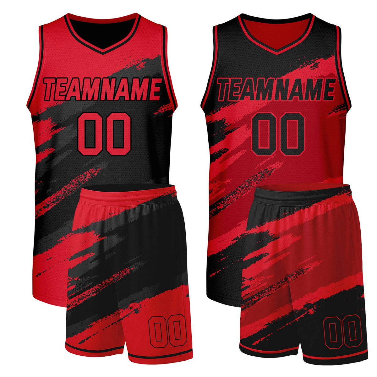Custom adult basketball uniforms red‑black reversible by Vosoli, personalized team name, number & logo, durable dual‑sided mesh fabric for custom game‑ready team sportswear