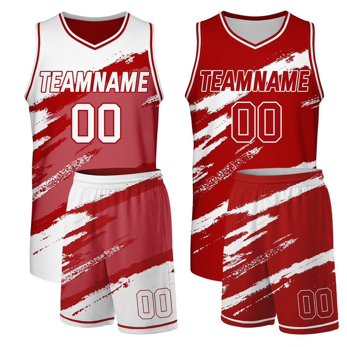 Custom adult basketball uniforms red‑white reversible by Vosoli, personalized team name, number & logo, durable dual‑sided mesh fabric for custom game‑ready team sportswear