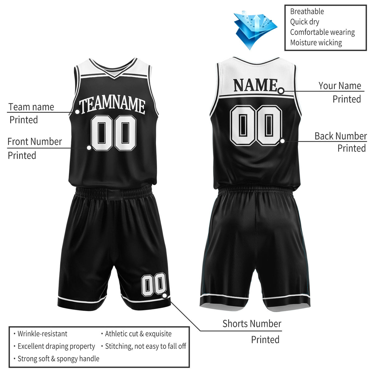 Custom Black & White Double Sided Basketball Jersey Set | Wholesale Team Uniform