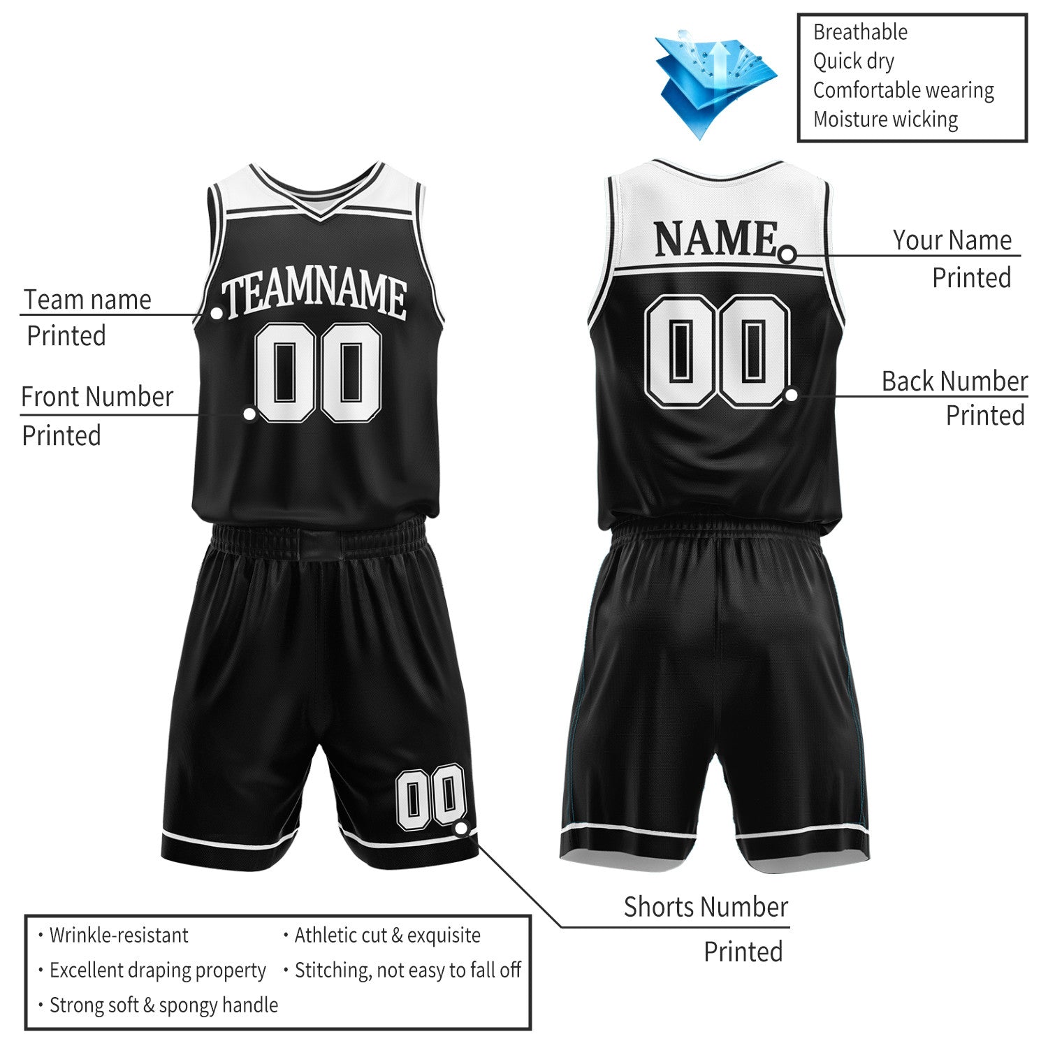 Custom Black & White Double Sided Basketball Jersey Set | Wholesale Team Uniform