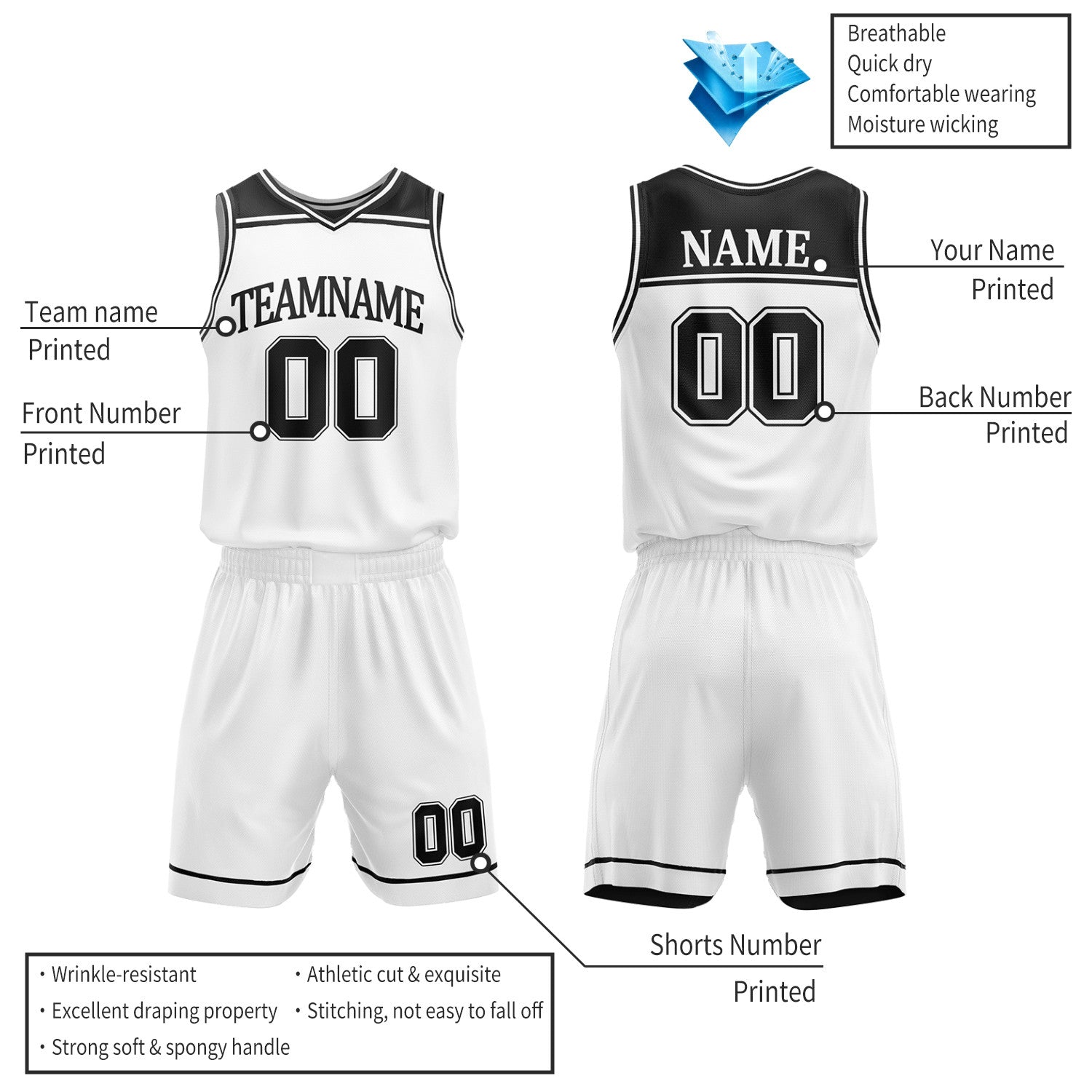 Custom Black & White Double Sided Basketball Jersey Set | Wholesale Team Uniform