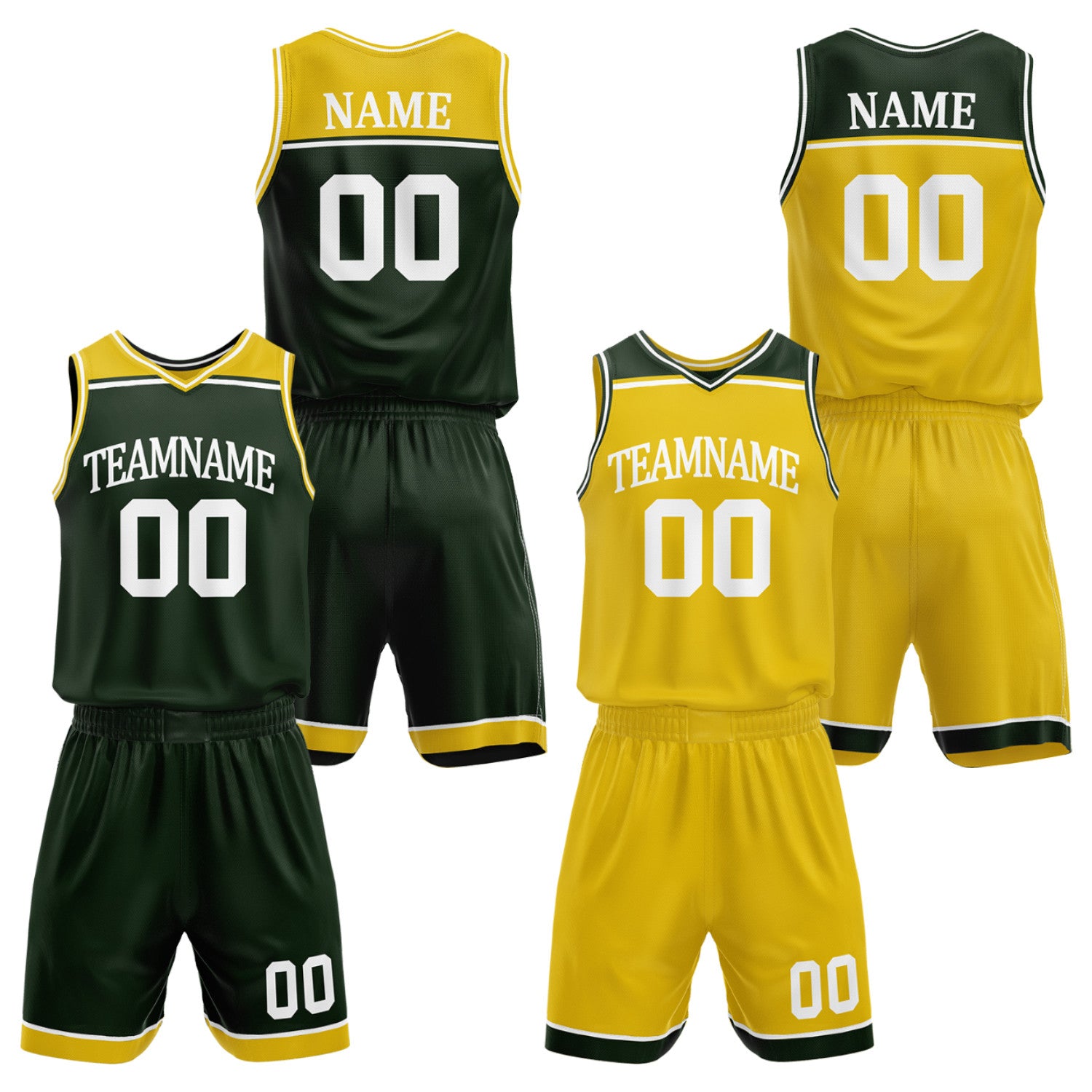 Custom adult basketball uniforms set dark green gold by Vosoli. Personalized team name, player name, number & logo. Breathable mesh. Fast delivery.