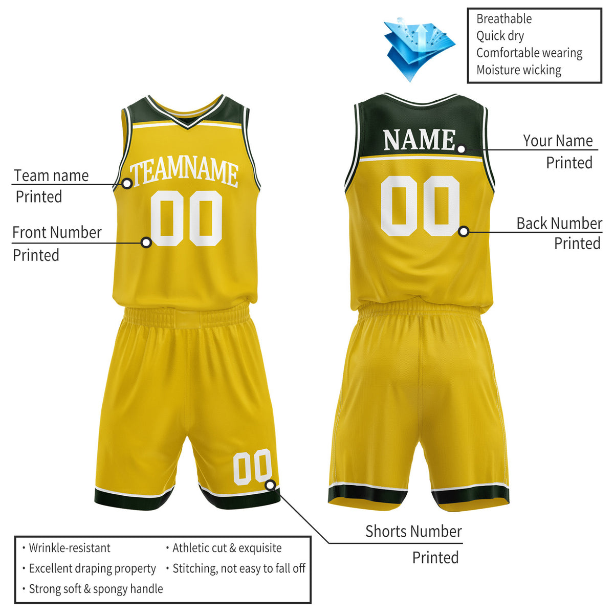 Custom Dark Green & Gold Double Sided Basketball Jersey Set | Wholesale Team Uniform