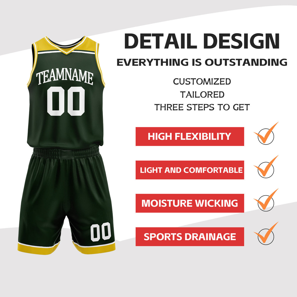 Custom Dark Green & Gold Double Sided Basketball Jersey Set | Wholesale Team Uniform